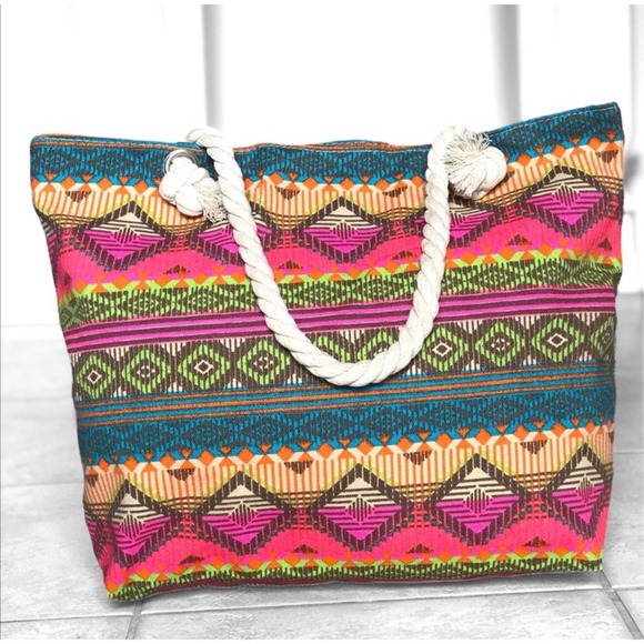 Blossom Boutique Handbags - 1 LEFT! Neon Aztec Vibrant Canvas Women’s Summer Beach Medium Size Tote Bag